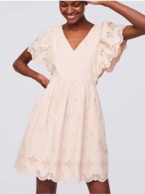 LOFT Scalloped Eyelet V‑Neck Dress in Light Blush
